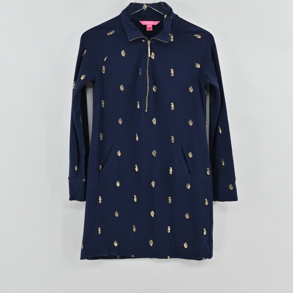 Lilly Pulitzer Skipper Ruffle Dress Womens Size XS Navy Gold Seahorse Cotton - Picture 2 of 14